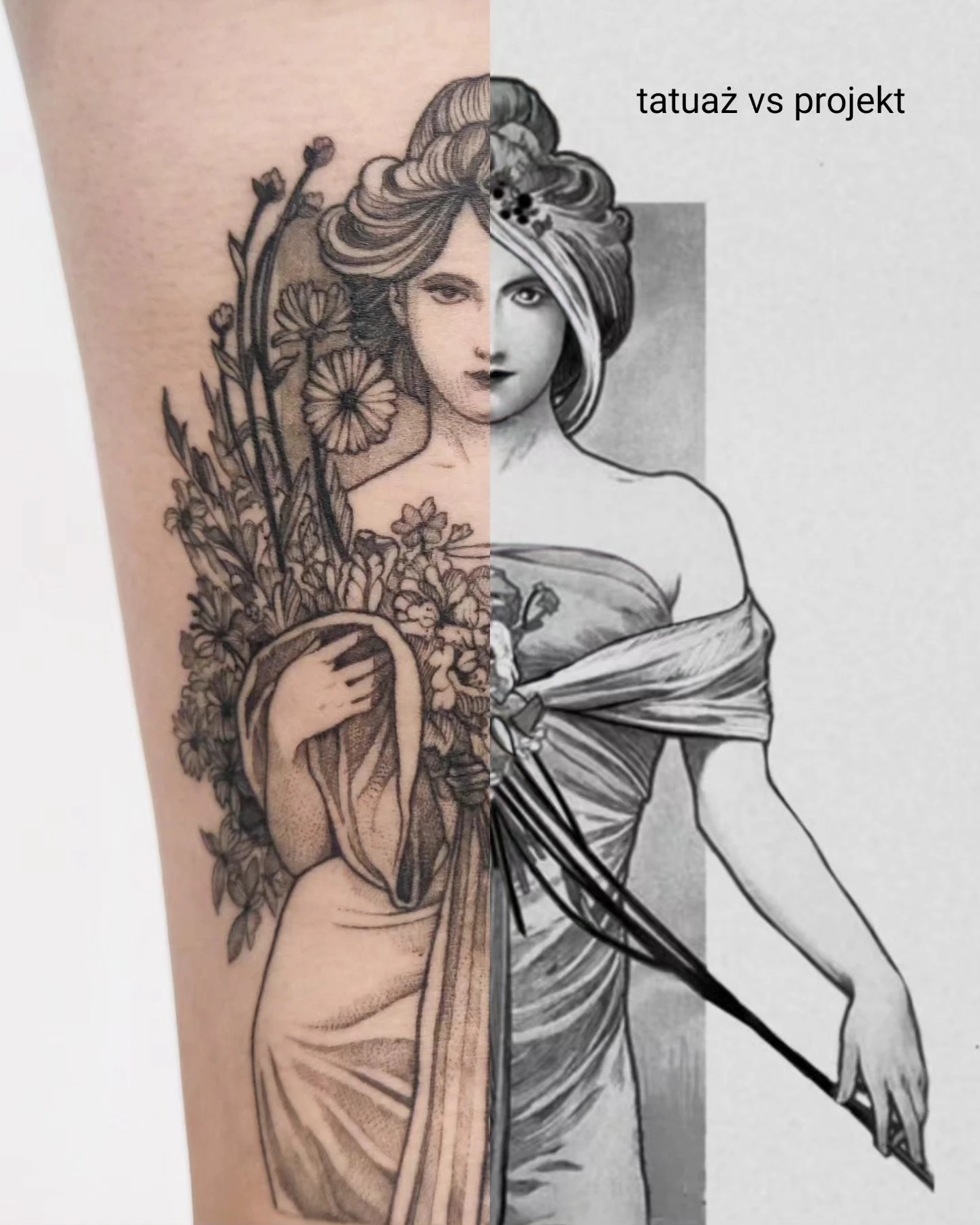 Wygojony tatuaż na nodze przedstawiający kobietę w stylu art nouveau z kwiatami i bukietem, pokazany obok projektu referencyjnego oraz w zbliżeniu.
