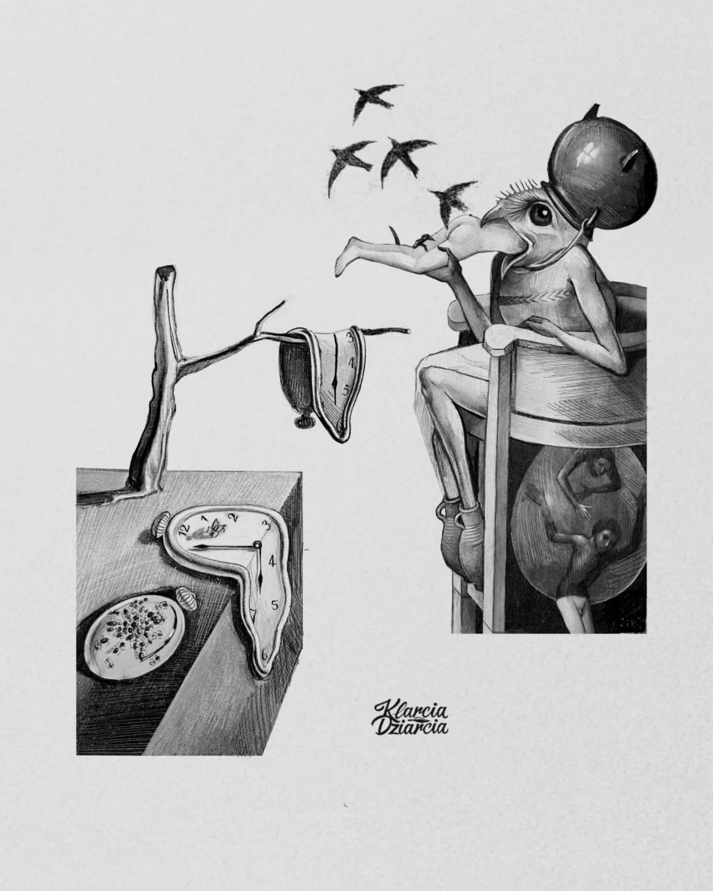 Czarno-białe autorskie wzory inspirowane twórczością Hieronima Boscha i Salvadora Dalego: surrealistyczna postać z balonem oraz motyw miękkiego zegara zwisającego z gałęzi.