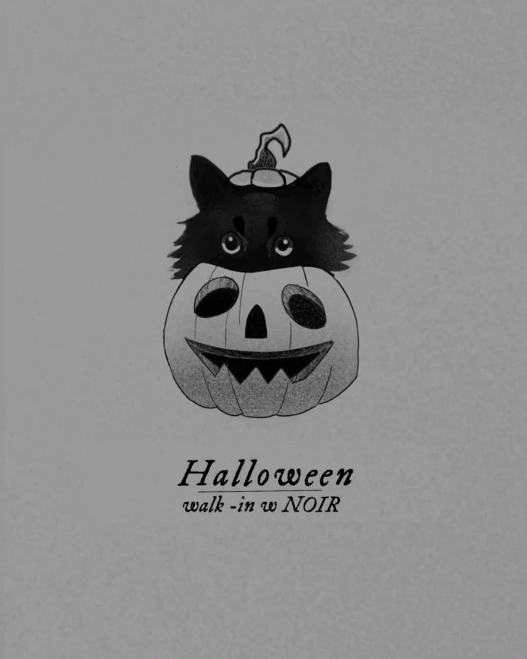 Czarno-białe wzory halloweenowych kotów i kotów przebranych za ducha, dynię oraz czarownicę; jeden z projektów przedstawia kota na tle dyni.
