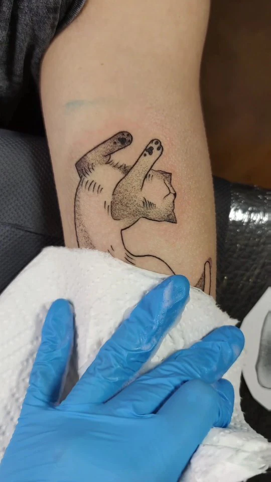 Klatki wideo pokazują Klarę podczas tatuowania oraz zbliżenie delikatnego tatuażu przedstawiającego kota.
