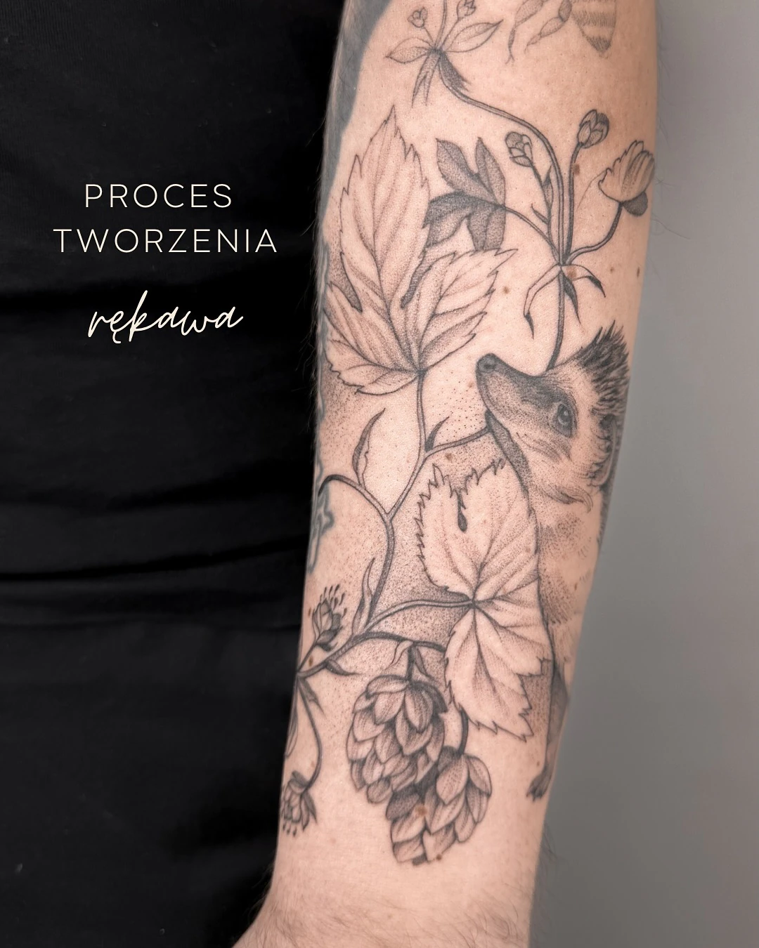 Karuzela przedstawiająca botaniczny tatuaż na przedramieniu: liście, kwiaty, grzyby i inne roślinne motywy rozbudowujące istniejącą kompozycję.