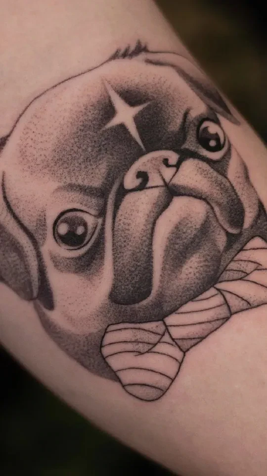 Klatki wideo pokazują tatuaż z portretem mopsa w stylu dotwork oraz fotografię psa będącą jego odniesieniem; jedna z klatek przedstawia Klarę Keczyńską.