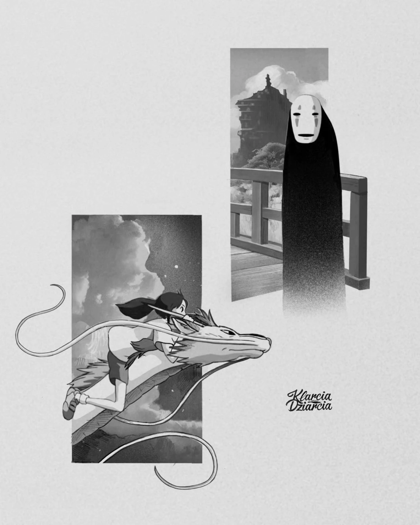 Czarno-białe projekty inspirowane filmem „Spirited Away”: Haku w postaci smoka z Chihiro oraz Bóg bez Twarzy na tle architektury.