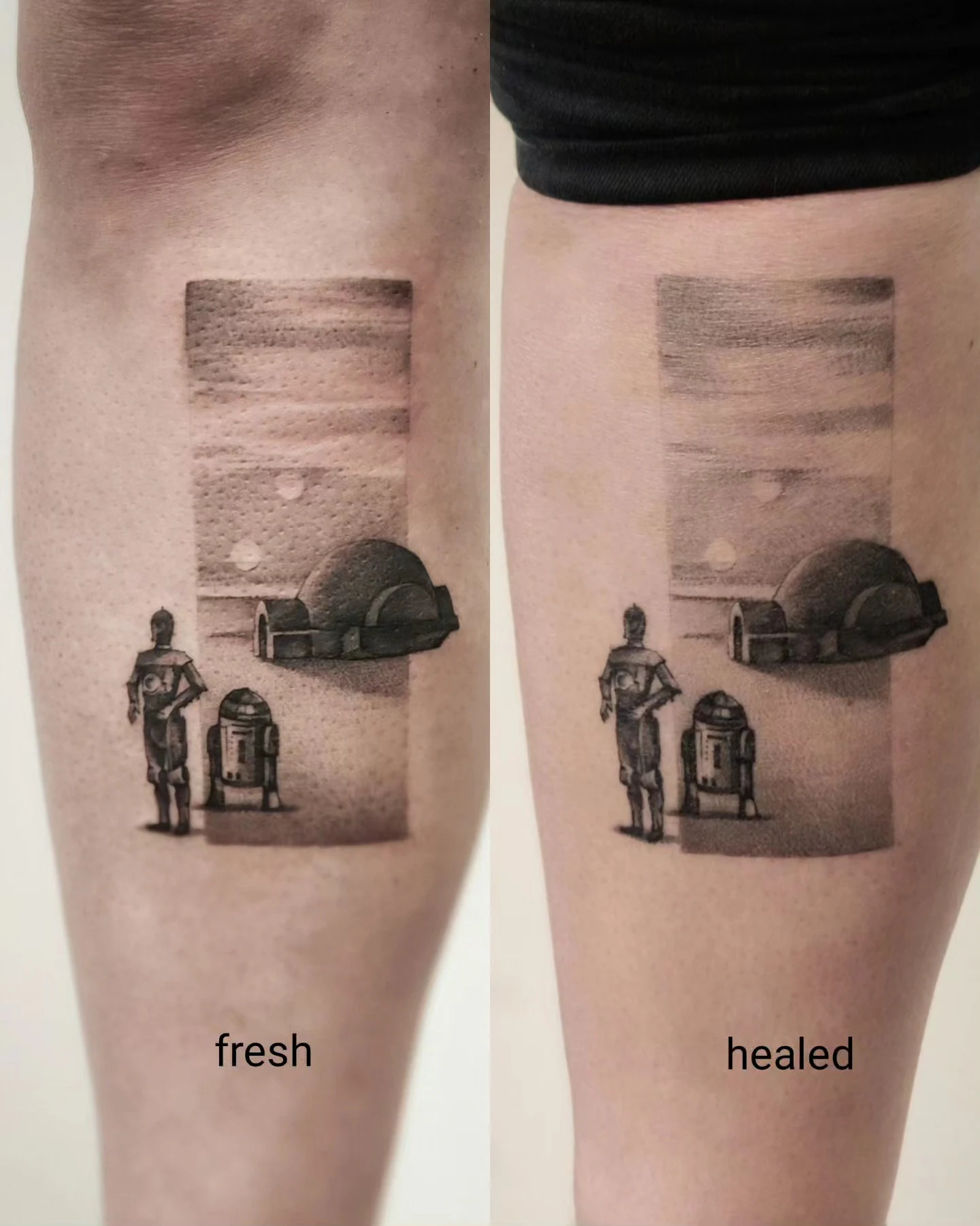 Tatuaż przedstawiający pejzaż z Tatooine z postaciami C-3PO i R2-D2 oraz budowlą na tle pustynnego krajobrazu; pokazano wersję świeżą i wygojoną.