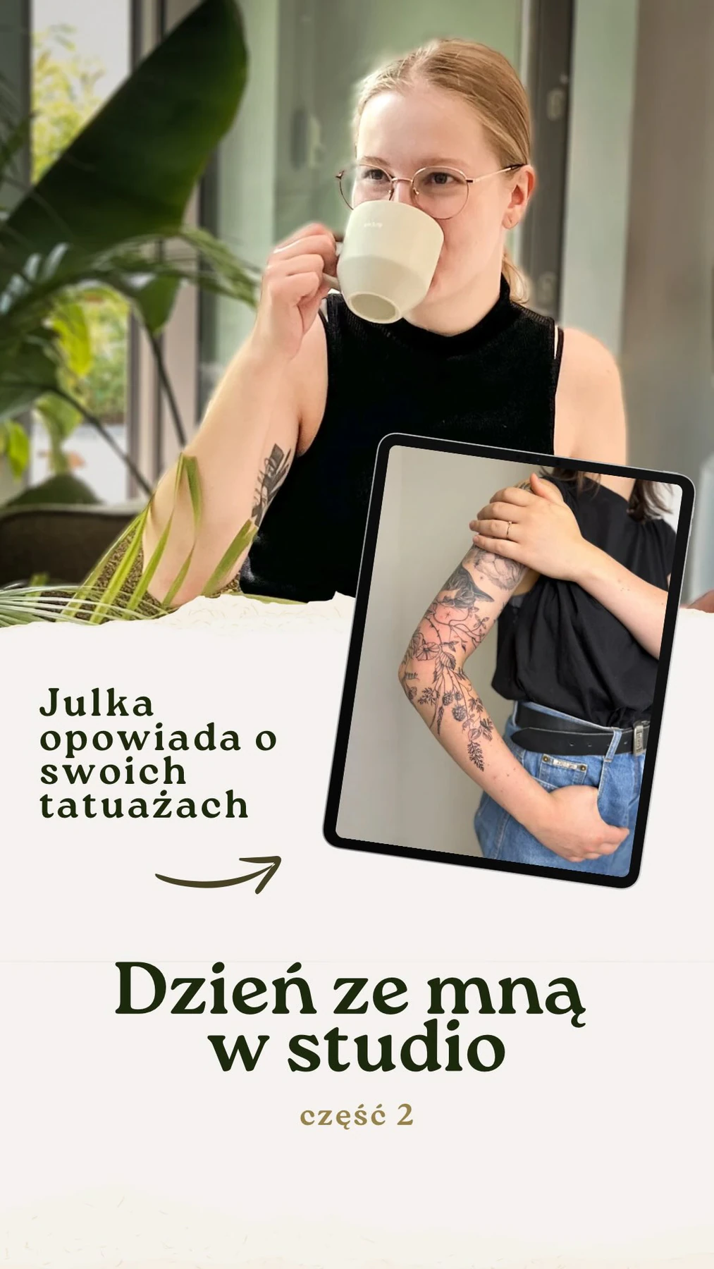 Klara Keczyńska pokazuje istniejące tatuaże na ramieniu, a w ujęciu z pracowni wykonuje kolejny tatuaż na przedramieniu klientki.