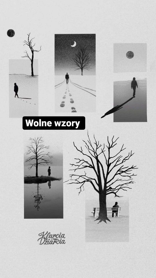 Klatki wideo przedstawiają Klarę Keczyńską oraz zestaw czarno-białych wzorów tatuaży z motywami drzew, księżyca, sylwetek i śladów na śniegu.