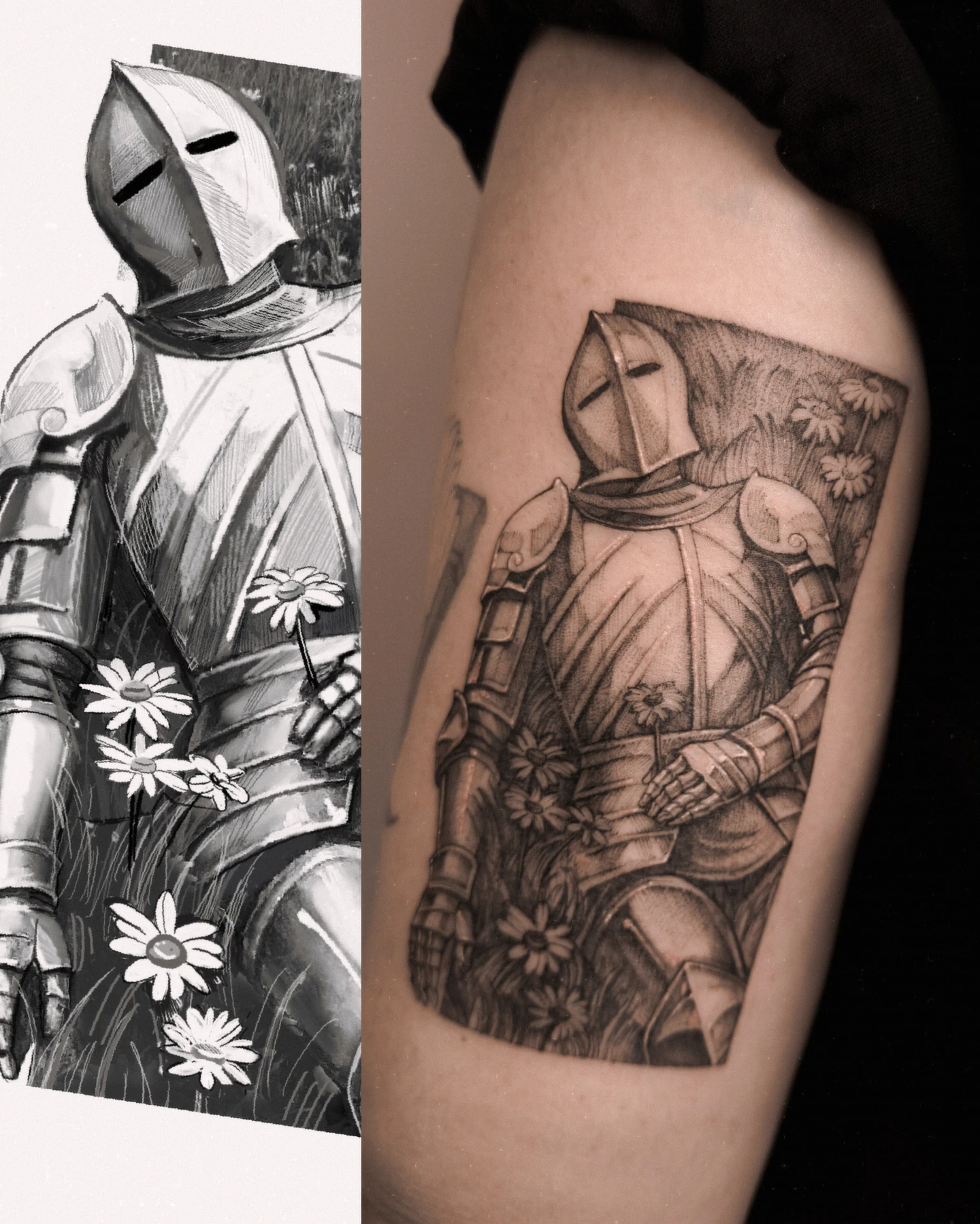 Karuzela z tatuażami w czerni i szarości: rycerz w zbroi otoczony kwiatami oraz osobny tatuaż przedstawiający kobiecą postać pod ciemnym, wzorzystym tłem.