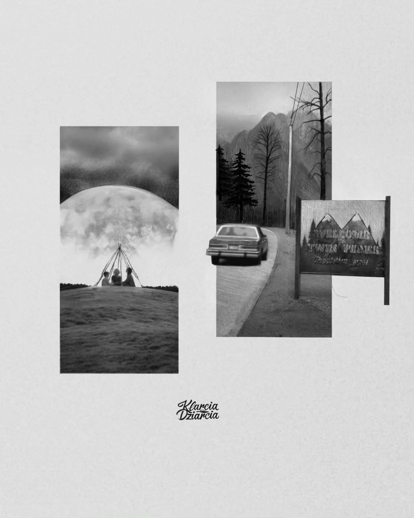 Czarno-białe projekty tatuaży inspirowane kadrami z filmów „Melancholia” i serialu „Twin Peaks”: scena z księżycem oraz samochód na leśnej drodze przy znaku.