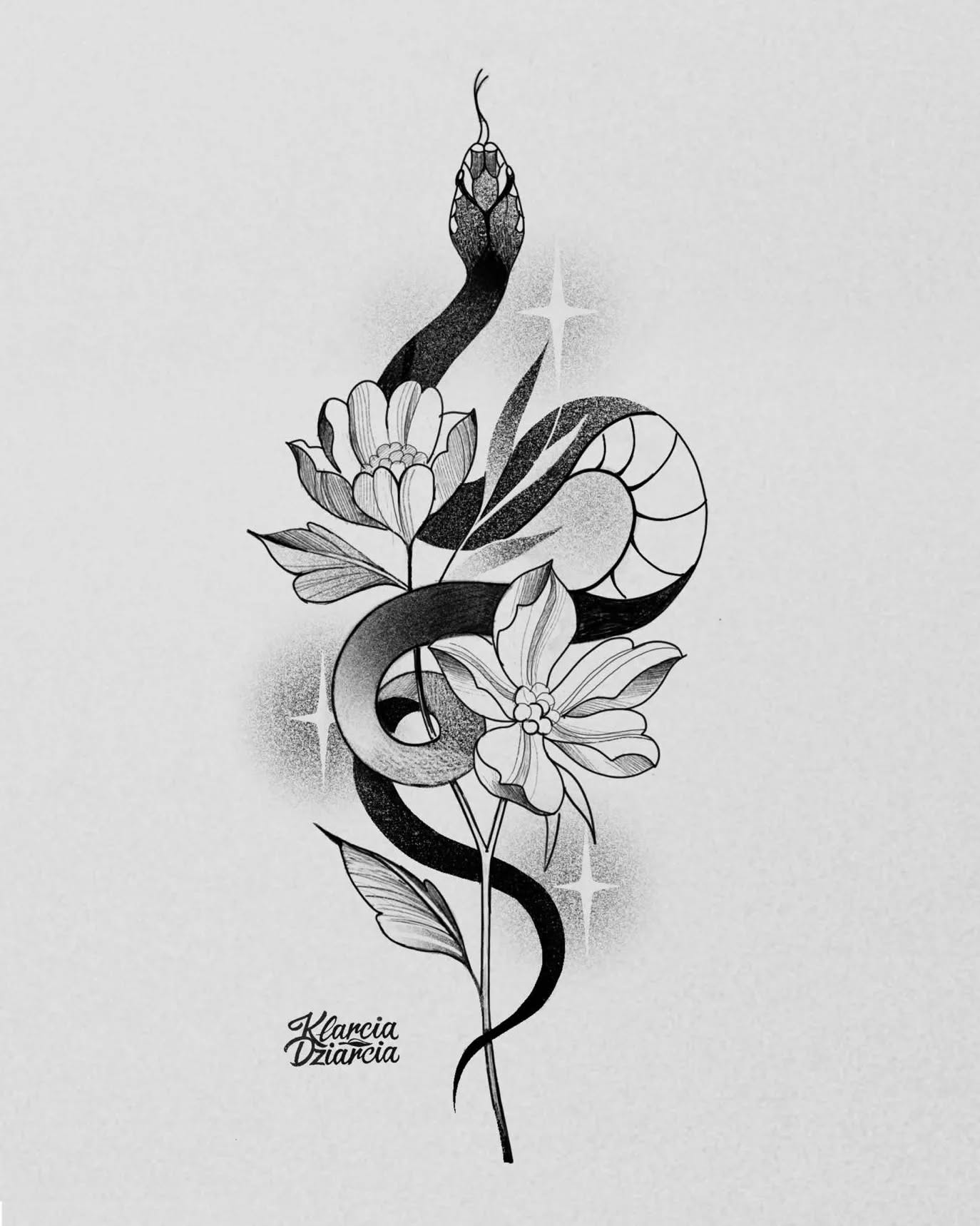 Tatuż wąż z kwiatami